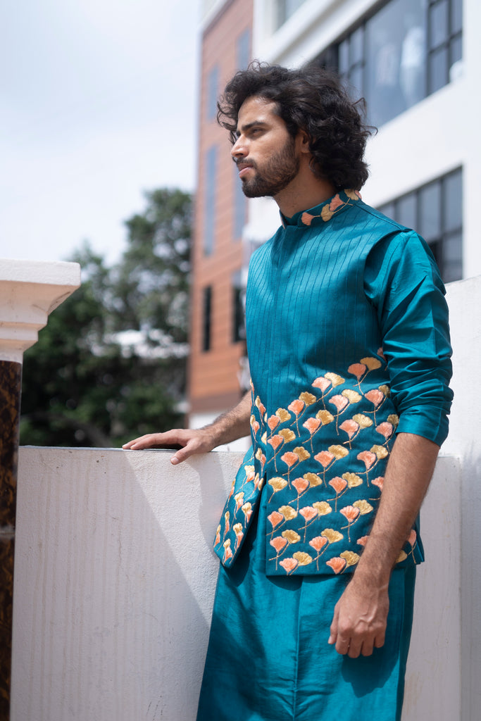 Men's Blue Color Jacket With Kurta Pant Set