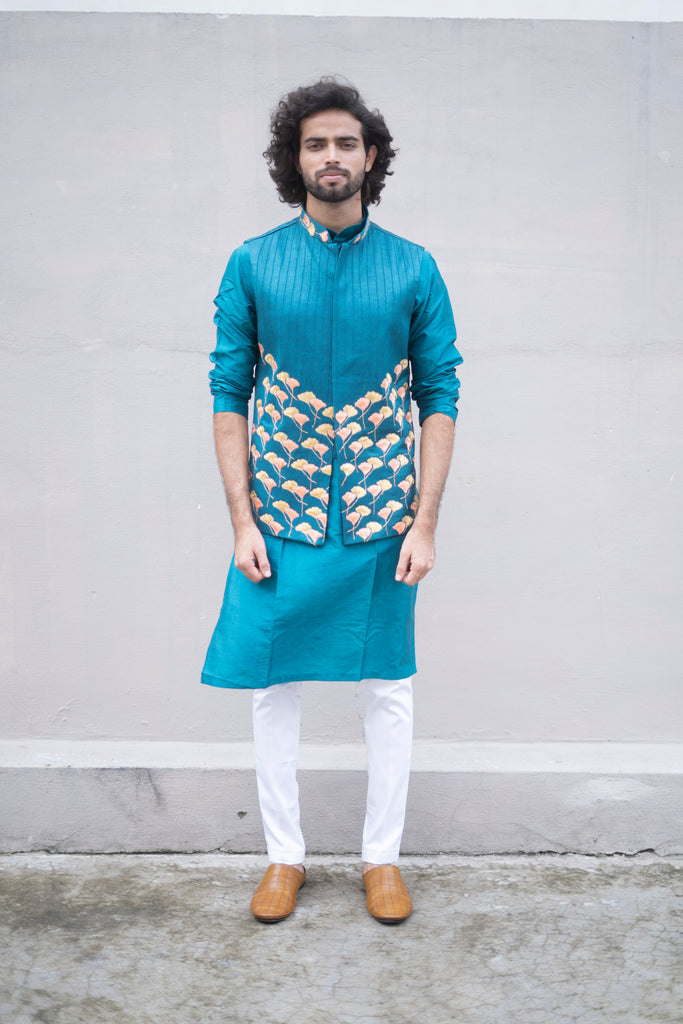 Men's Blue Color Jacket With Kurta Pant Set