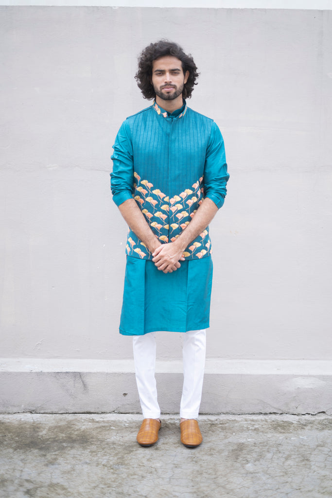 Men's Blue Color Jacket With Kurta Pant Set