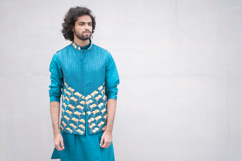 Men's Blue Color Jacket With Kurta Pant Set