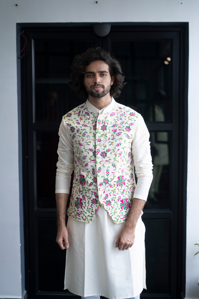 Men's Off White Color Jacket With Kurta Pant Set