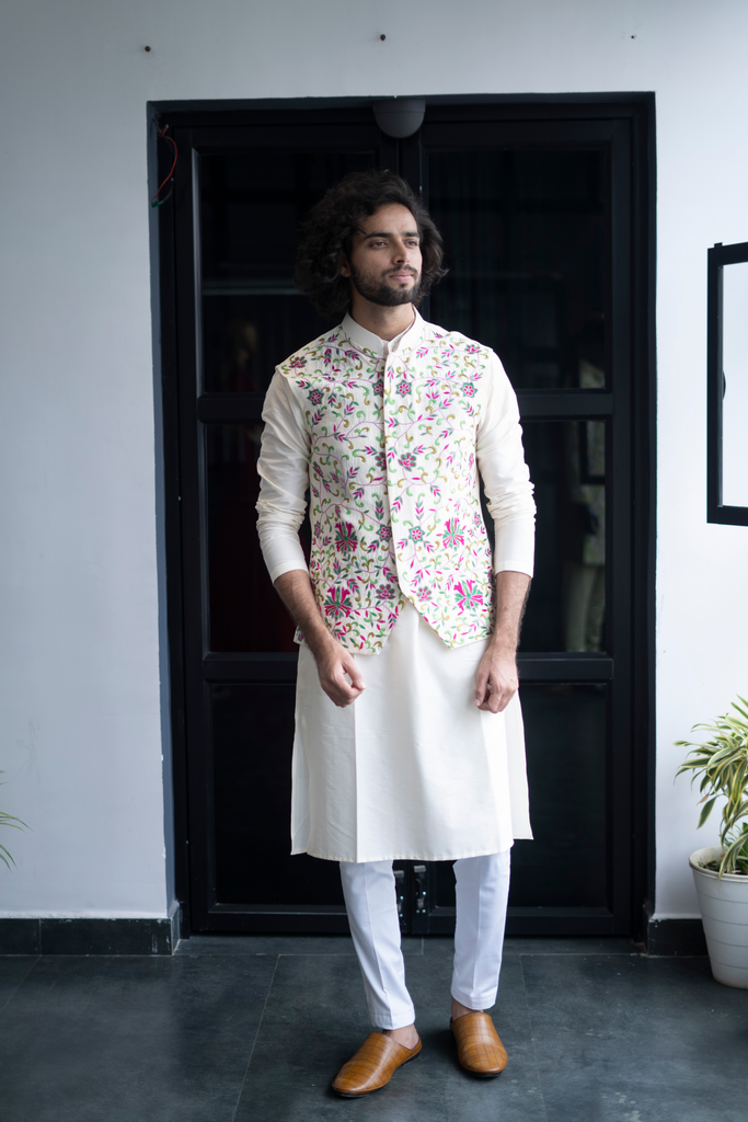 Men's Off White Color Jacket With Kurta Pant Set