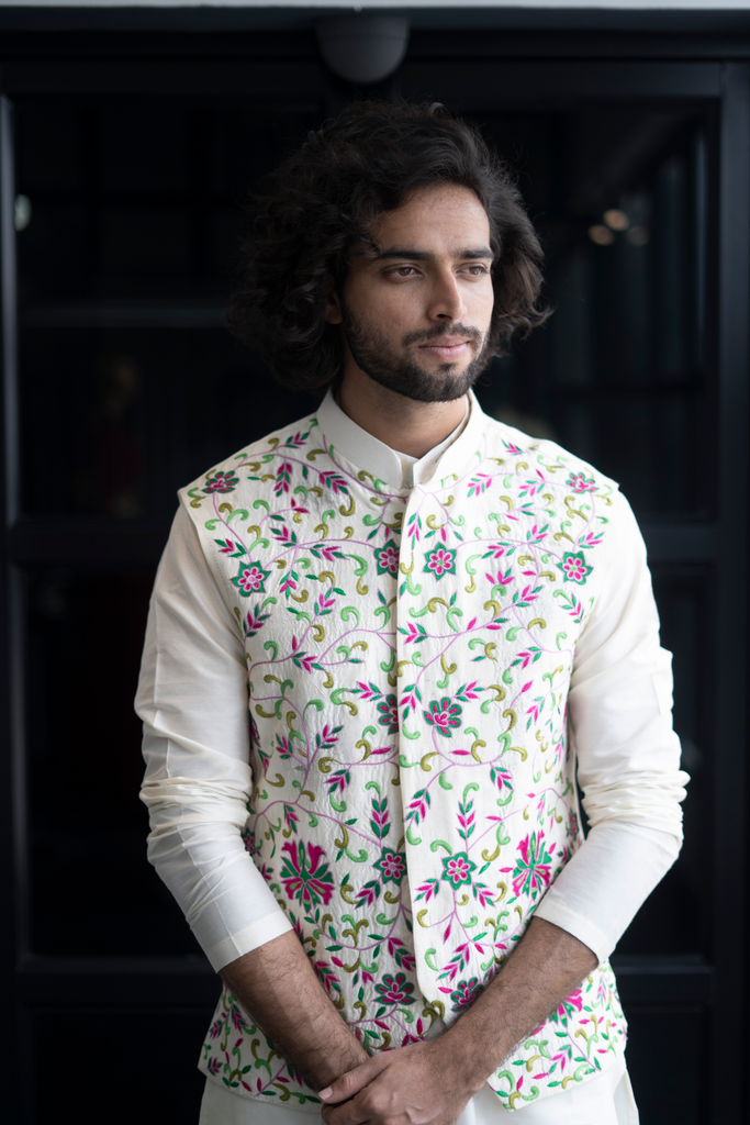 Men's Off White Color Jacket With Kurta Pant Set