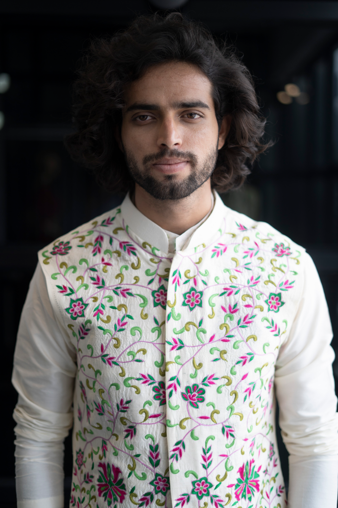 Men's Off White Color Jacket With Kurta Pant Set
