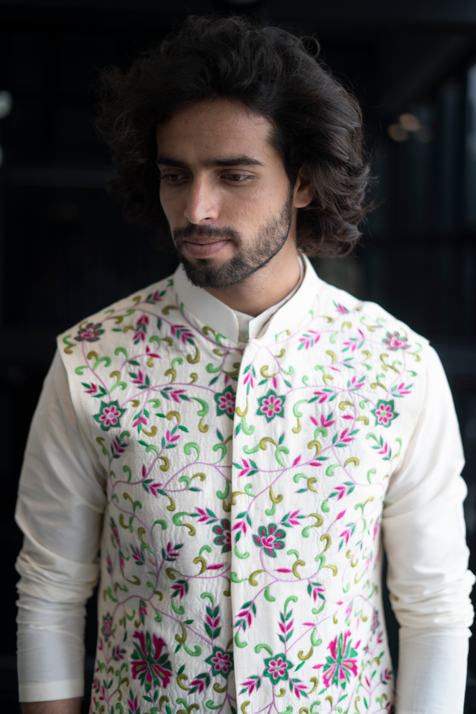 Men's Off White Color Jacket With Kurta Pant Set