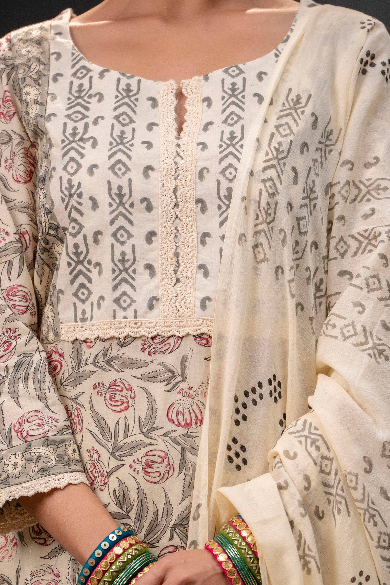 Women's Cotton Beige Hand Block Print Suit Set 3 Pc Jasmine Collection - Saras The Label