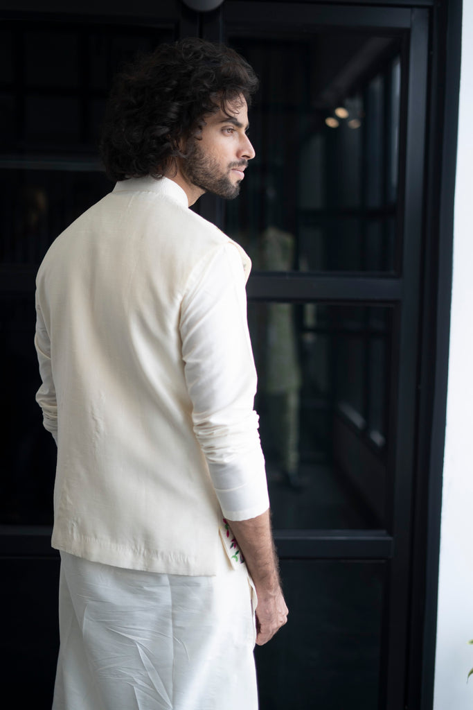 Men's Off White Color Jacket With Kurta Pant Set