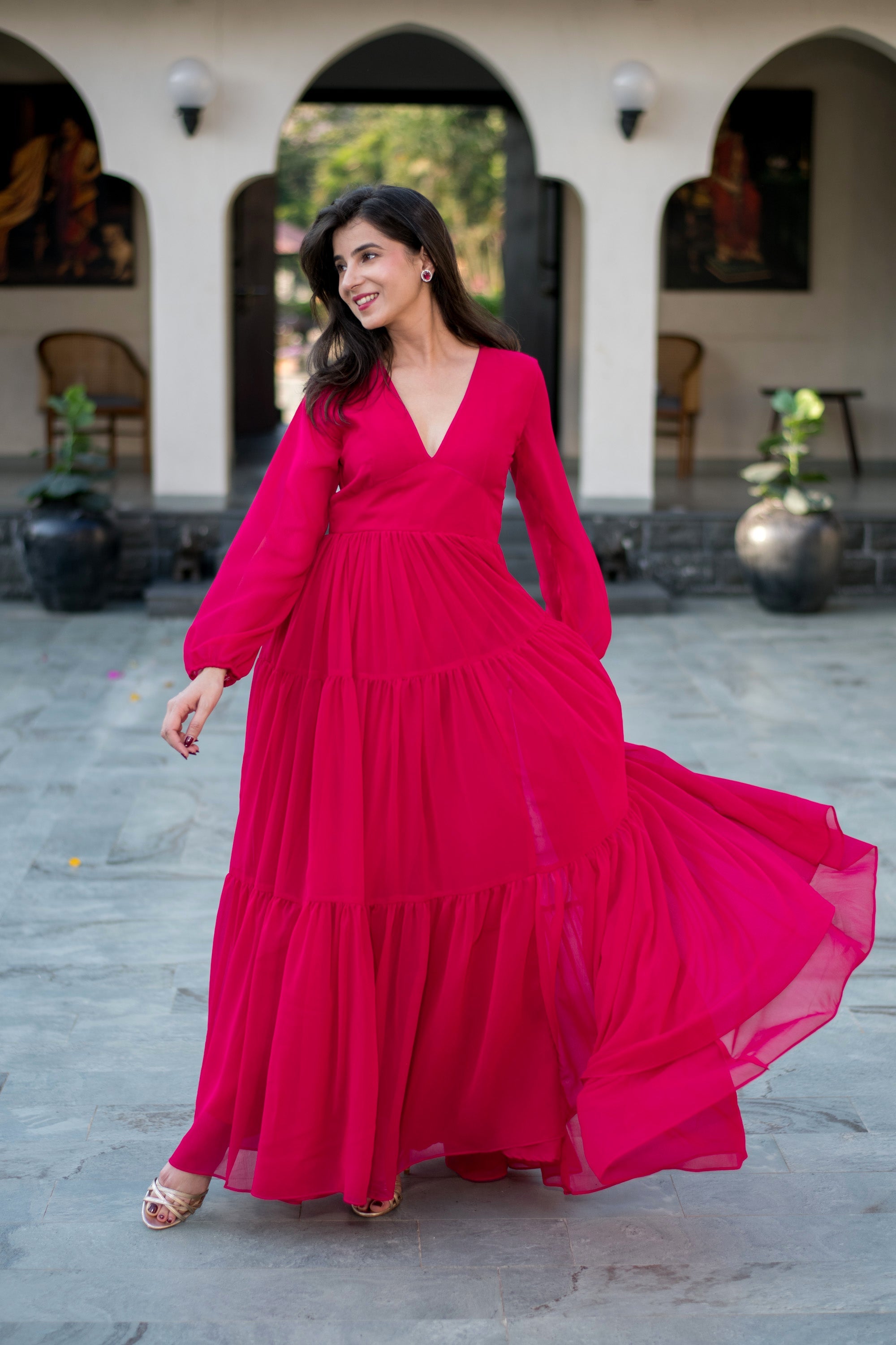 georgette dress Peach Digital Printed Gown Beautiful womens maxi for your next soire self-portrait Georgette Flower Maxi Dress