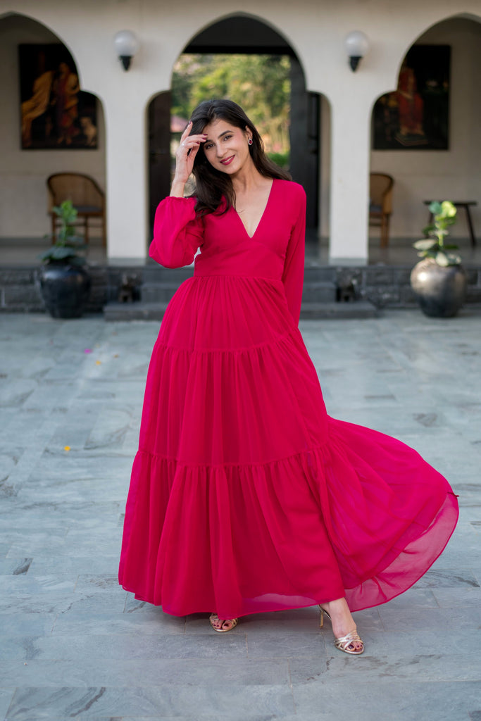 pink georgette dress for women self-portrait - Pink Georgette Flower Maxi Dress