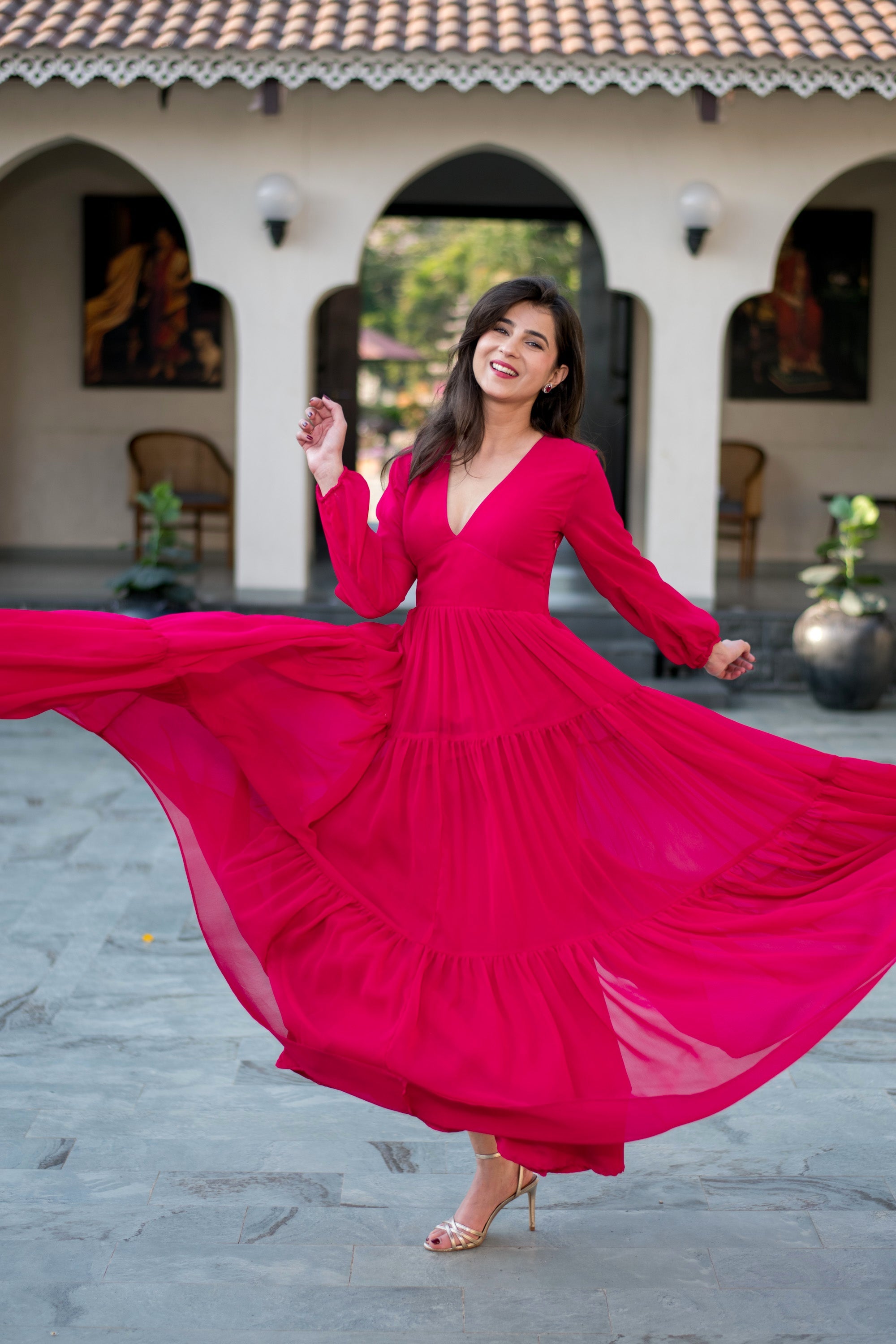 georgette pink dress self-portrait - Pink Georgette Flower Maxi Dress