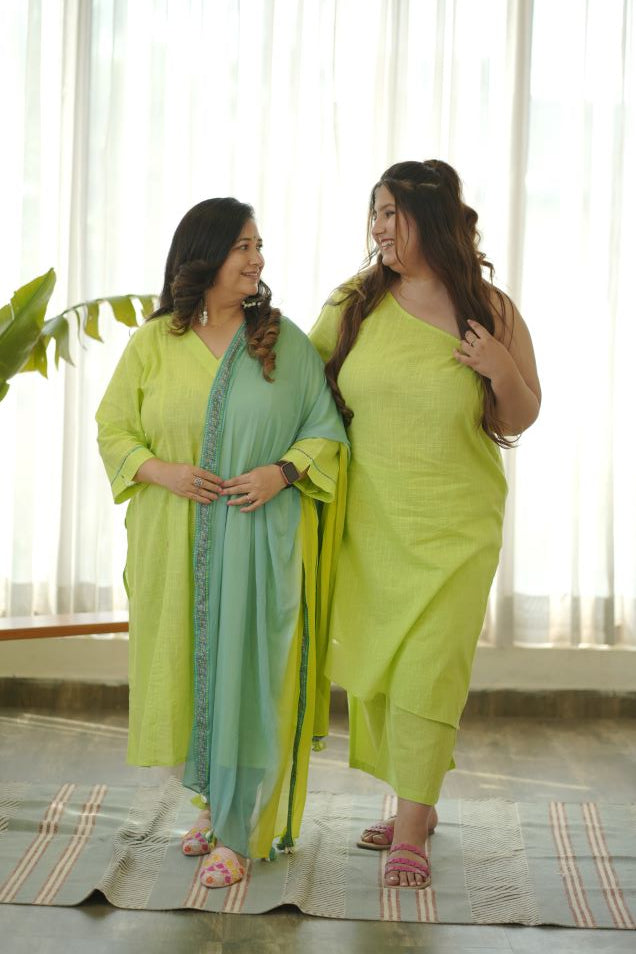 Women's Lime Green Straight Cotton Slub Kurta Suit Set - (Set Of 3) - Nangalia Ruchira