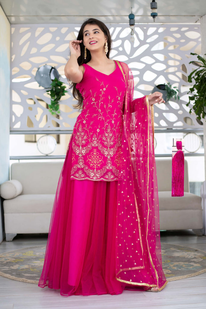 Women's Pink Georgette Heavy Work Kurta With Long Skirt And Net Dupatta (3pc Set) - USA Ready-To-Ship
