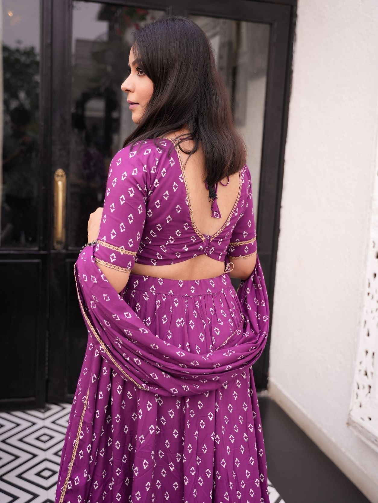 Women's Purple Bandhani Lehenga Set - (Set Of 3) - Nangalia Ruchira