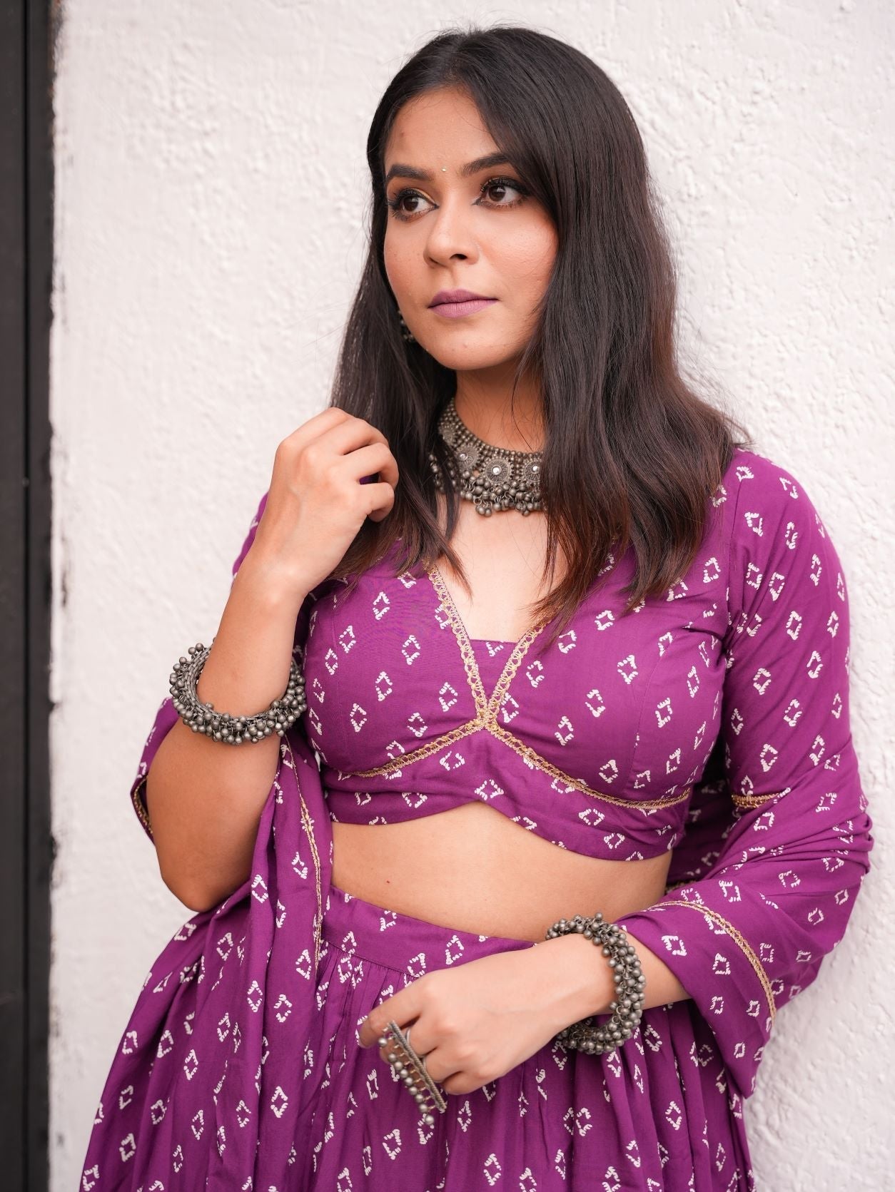 Women's Purple Bandhani Lehenga Set - (Set Of 3) - Nangalia Ruchira