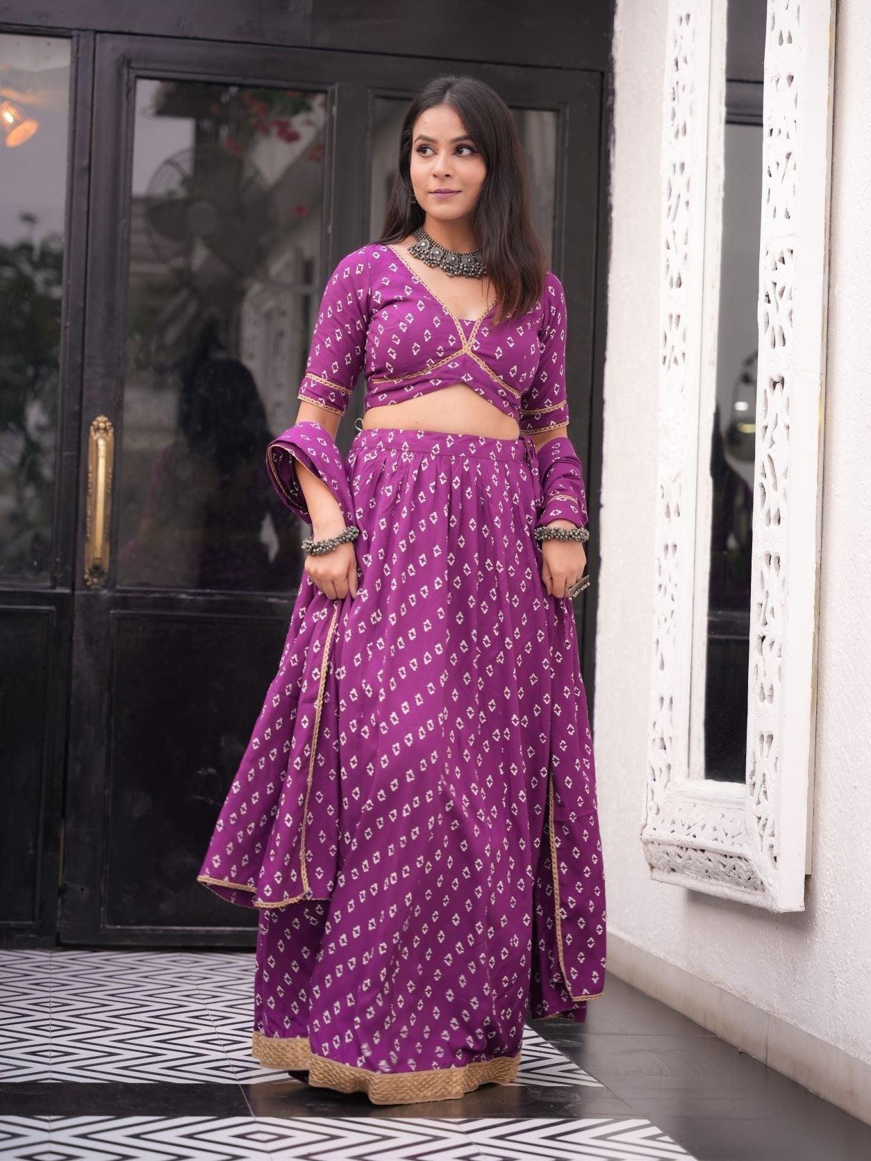 Women's Purple Bandhani Lehenga Set - (Set Of 3) - Nangalia Ruchira