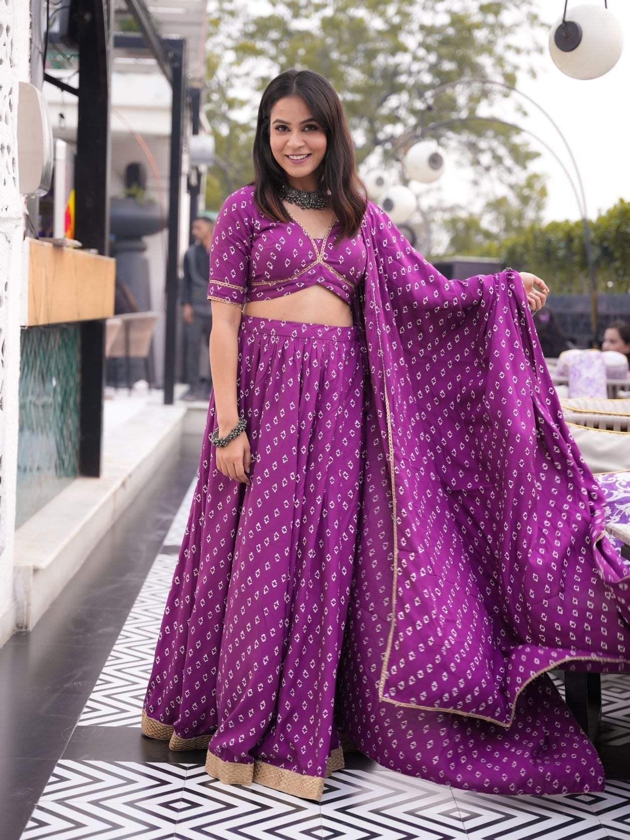 Women's Purple Bandhani Lehenga Set - (Set Of 3) - Nangalia Ruchira