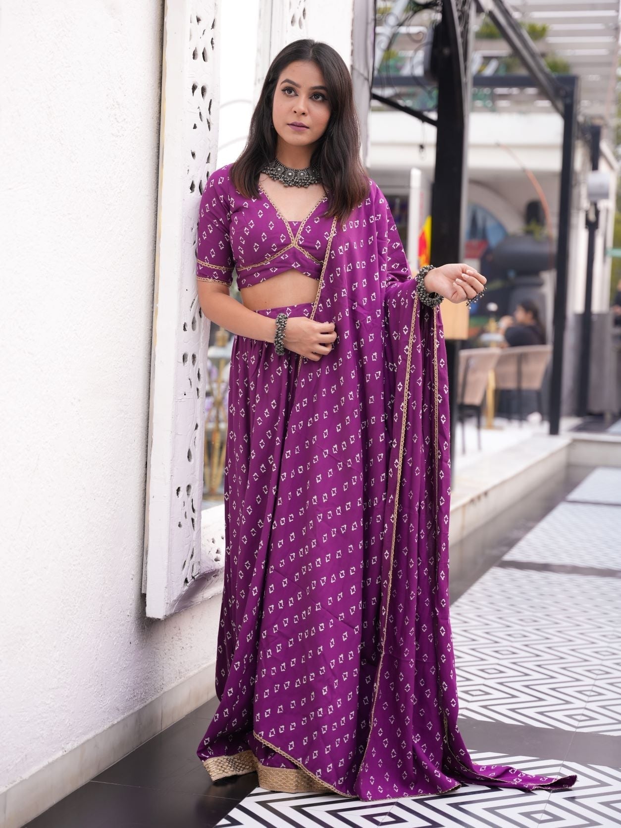 Women's Purple Bandhani Lehenga Set - (Set Of 3) - Nangalia Ruchira