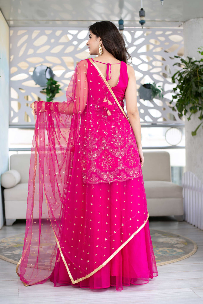 Women's Pink Georgette Heavy Work Kurta With Long Skirt And Net Dupatta (3pc Set) - USA Ready-To-Ship