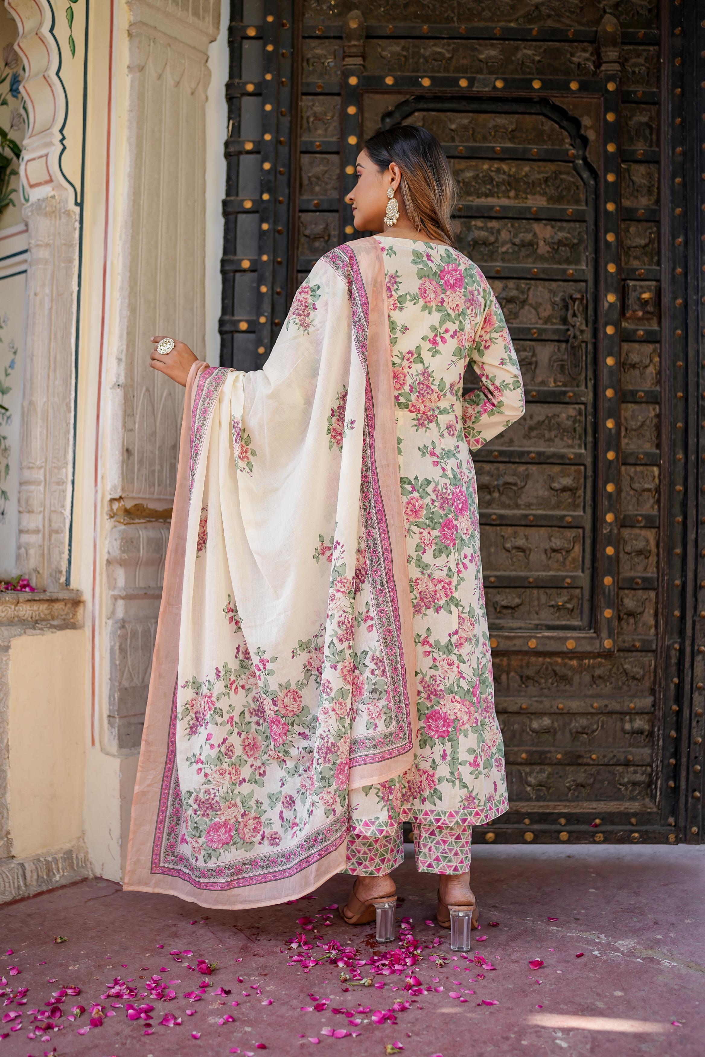 Women's Floral Print Cotton Anarkali Three-Piece Set-Benaaz