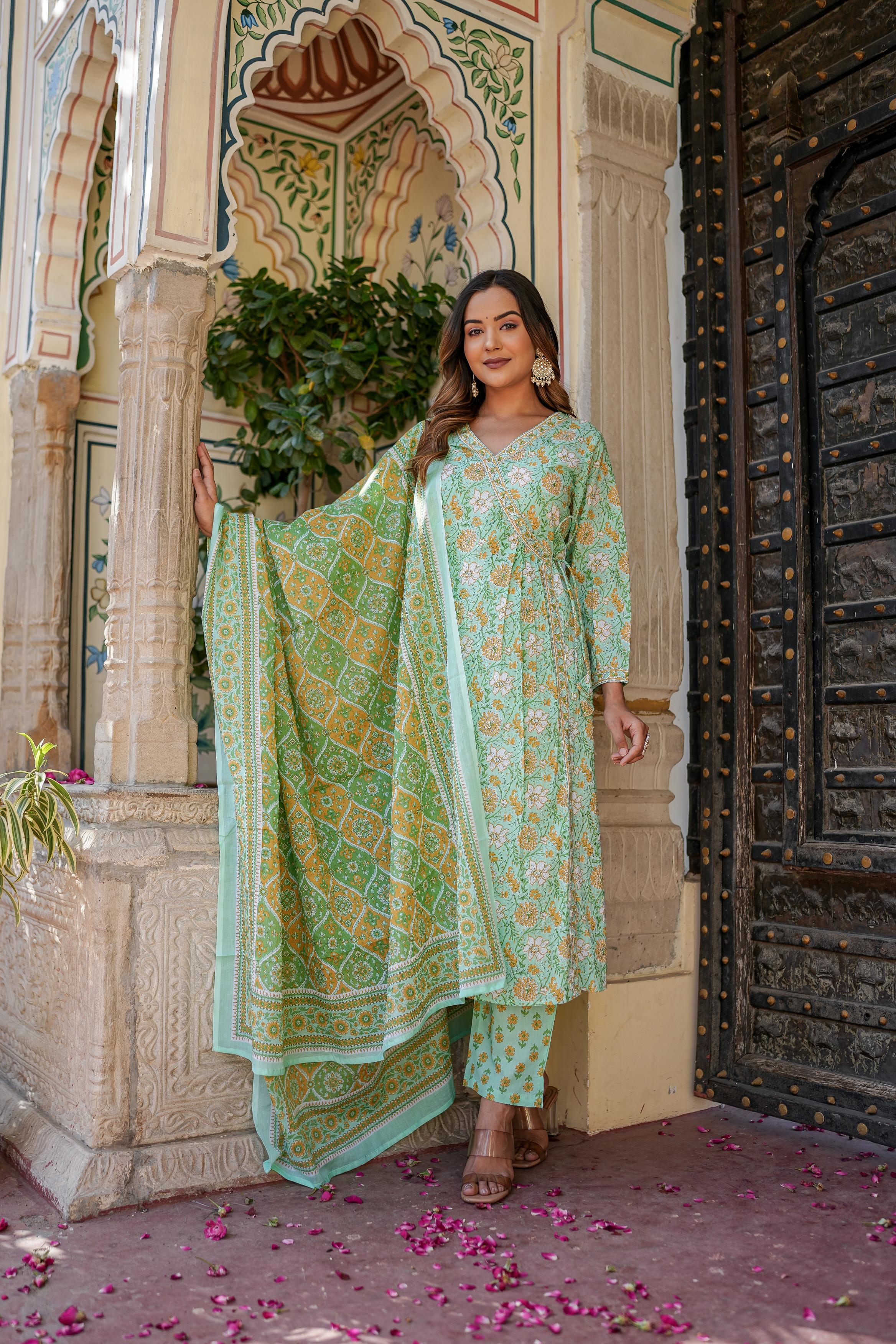 Women's Green Angrakha Cotton Kurta Set With Duppta-Benaaz
