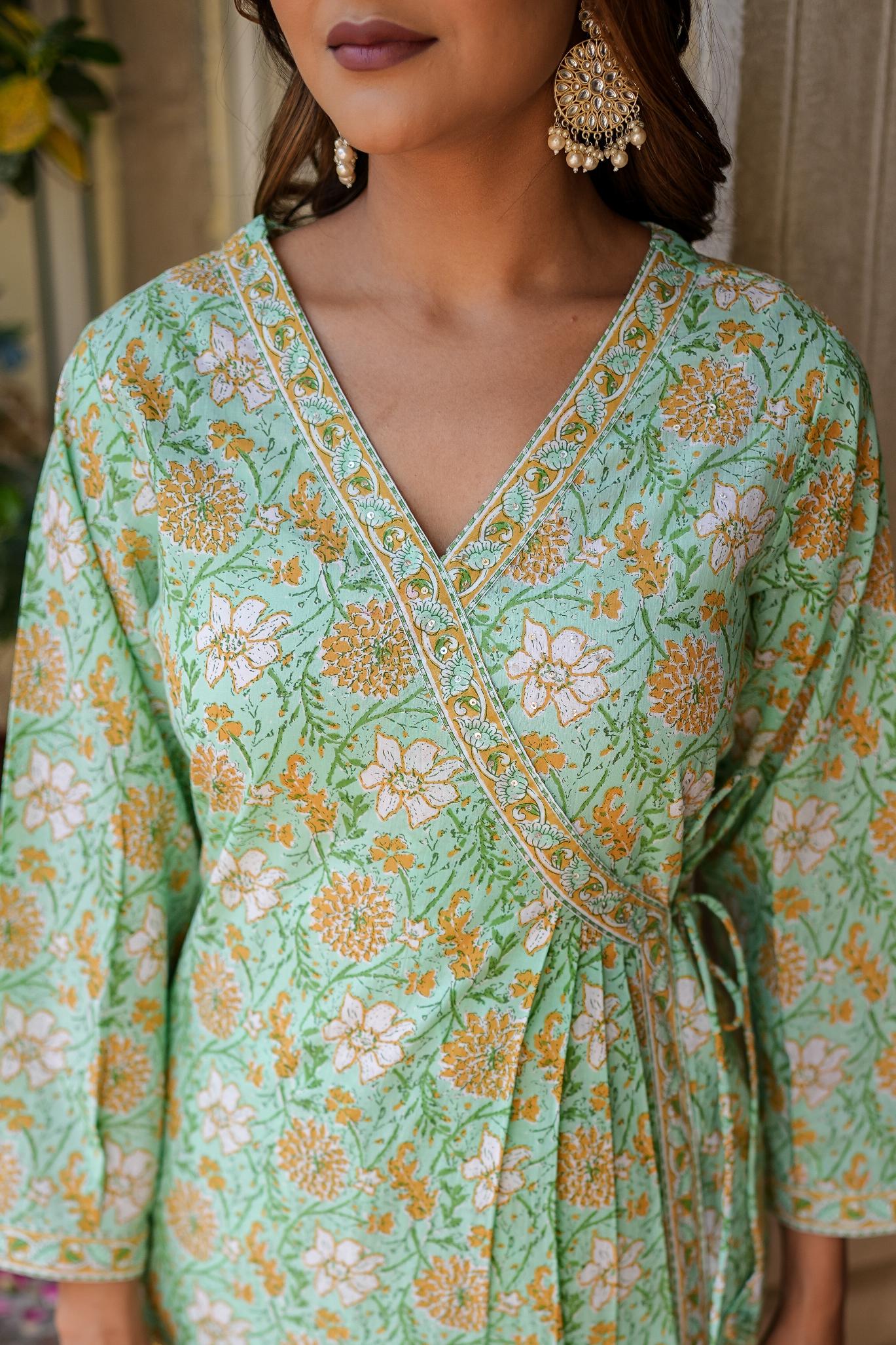 Women's Green Angrakha Cotton Kurta Set With Duppta-Benaaz