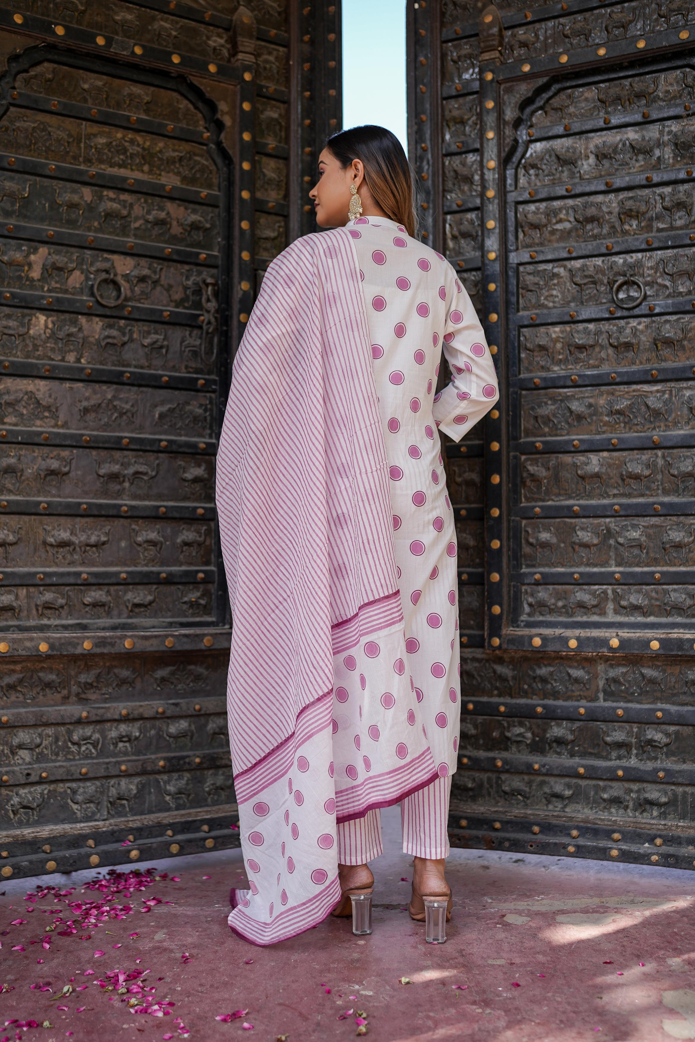 Women's Pink Polka Print Cotton Kurta Set With Dupatta-Benaaz