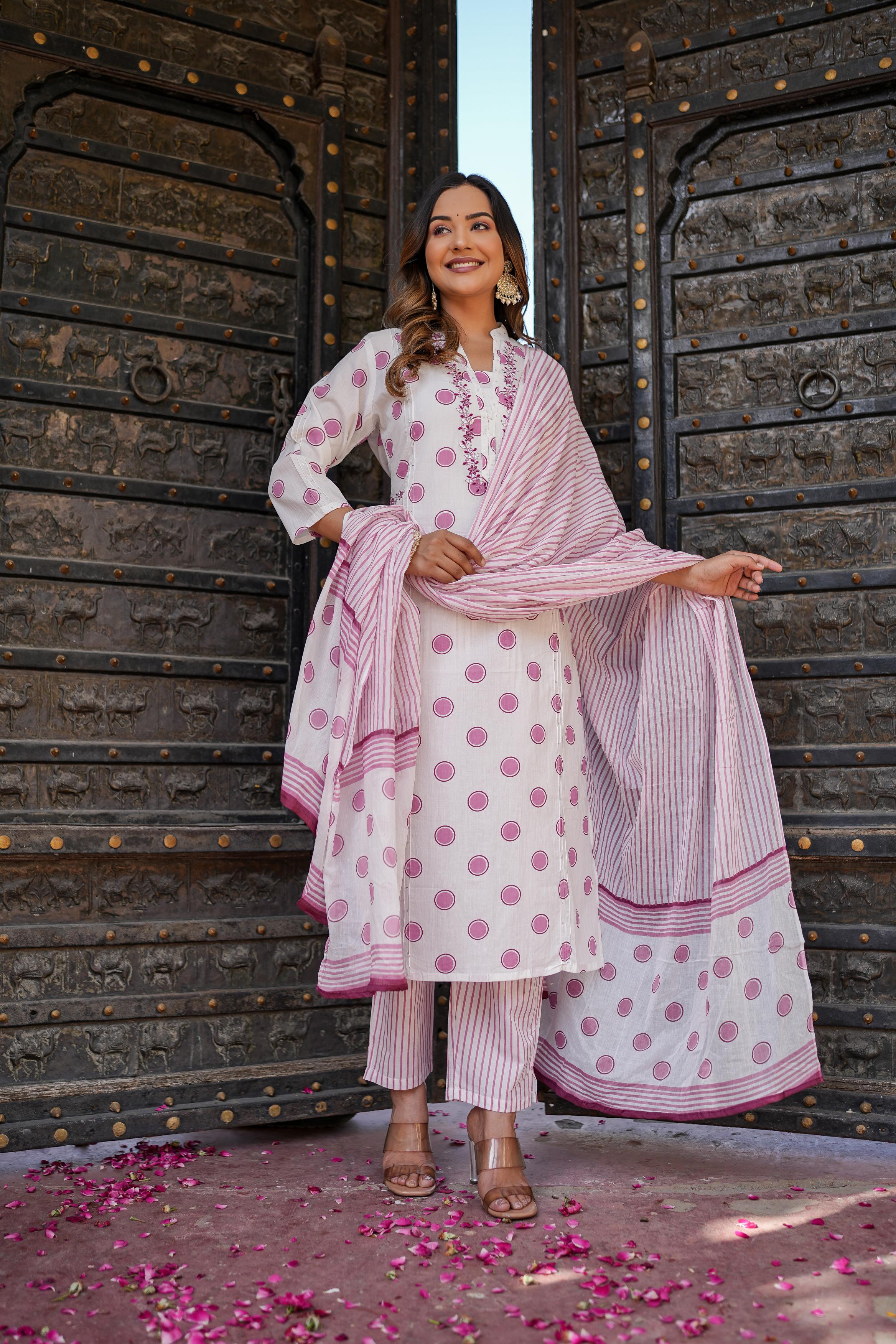 Women's Pink Polka Print Cotton Kurta Set With Dupatta-Benaaz