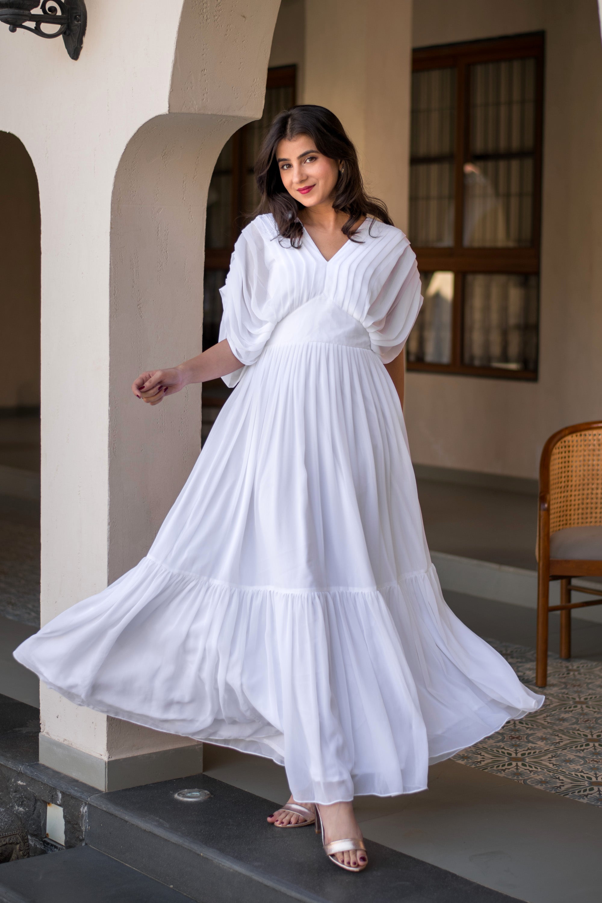 White Pleated Layered Maxi Dress XXL