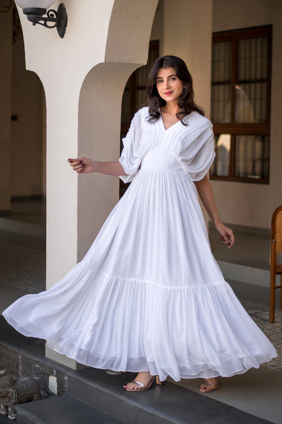 white maxi dress near me Women's Pleated Layered – Trendia SUMMER-2025-EDIT Collection:Island Fare - White navy blue dress for