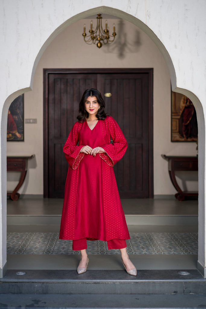 Women's Red And Gold Chanderi Kurta Set