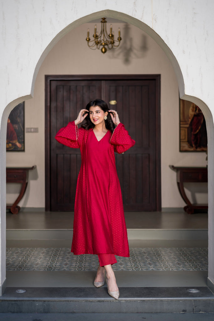 Women's Red And Gold Chanderi Kurta Set