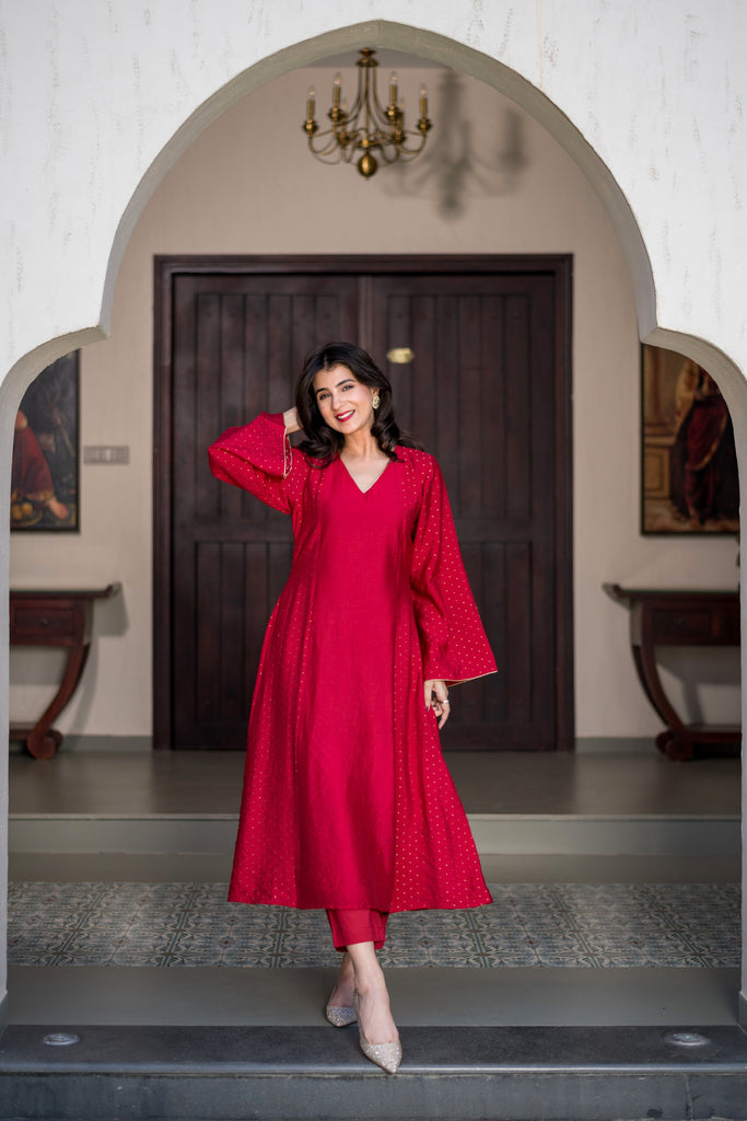 Women's Red And Gold Chanderi Kurta Set