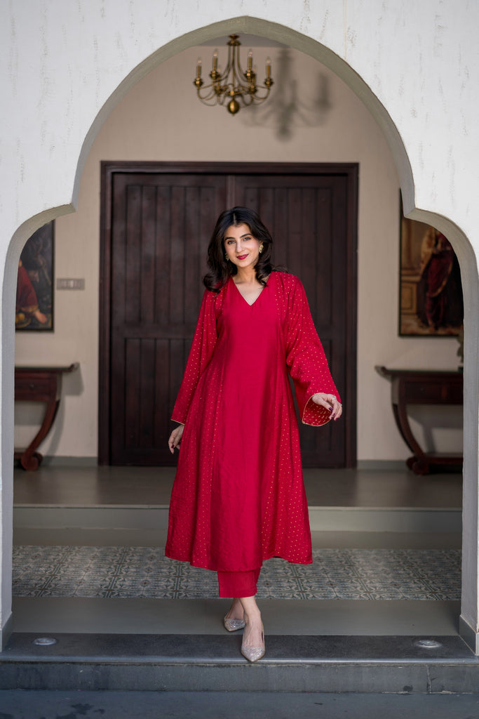 Women's Red And Gold Chanderi Kurta Set