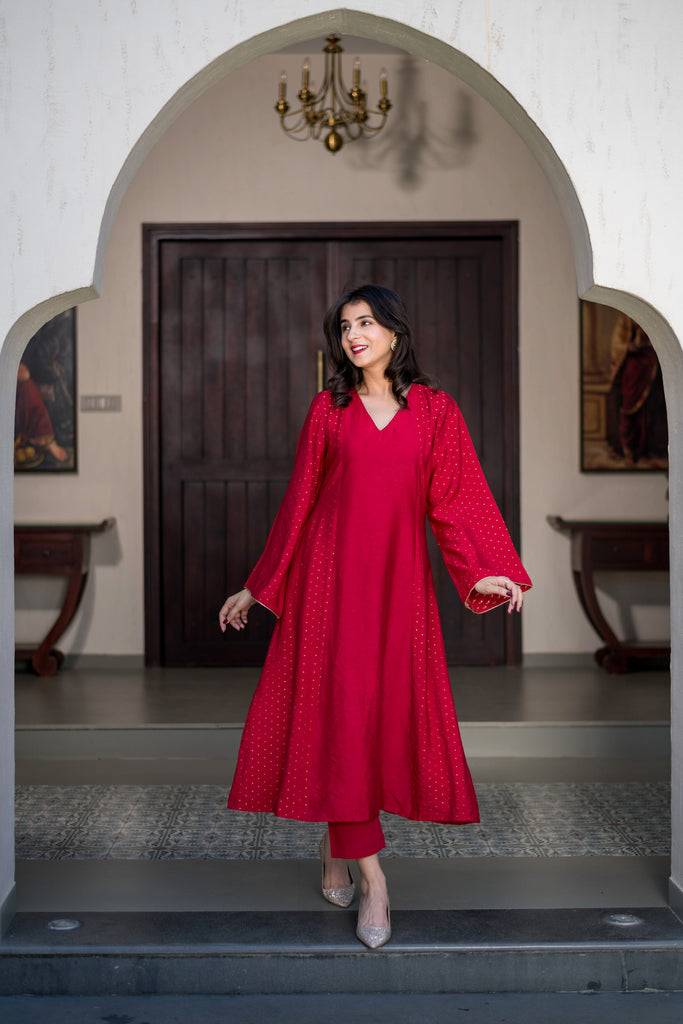 Women's Red And Gold Chanderi Kurta Set