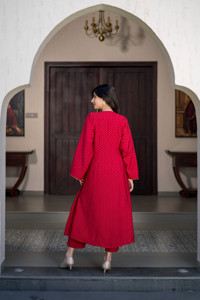 Women's Red And Gold Chanderi Kurta Set