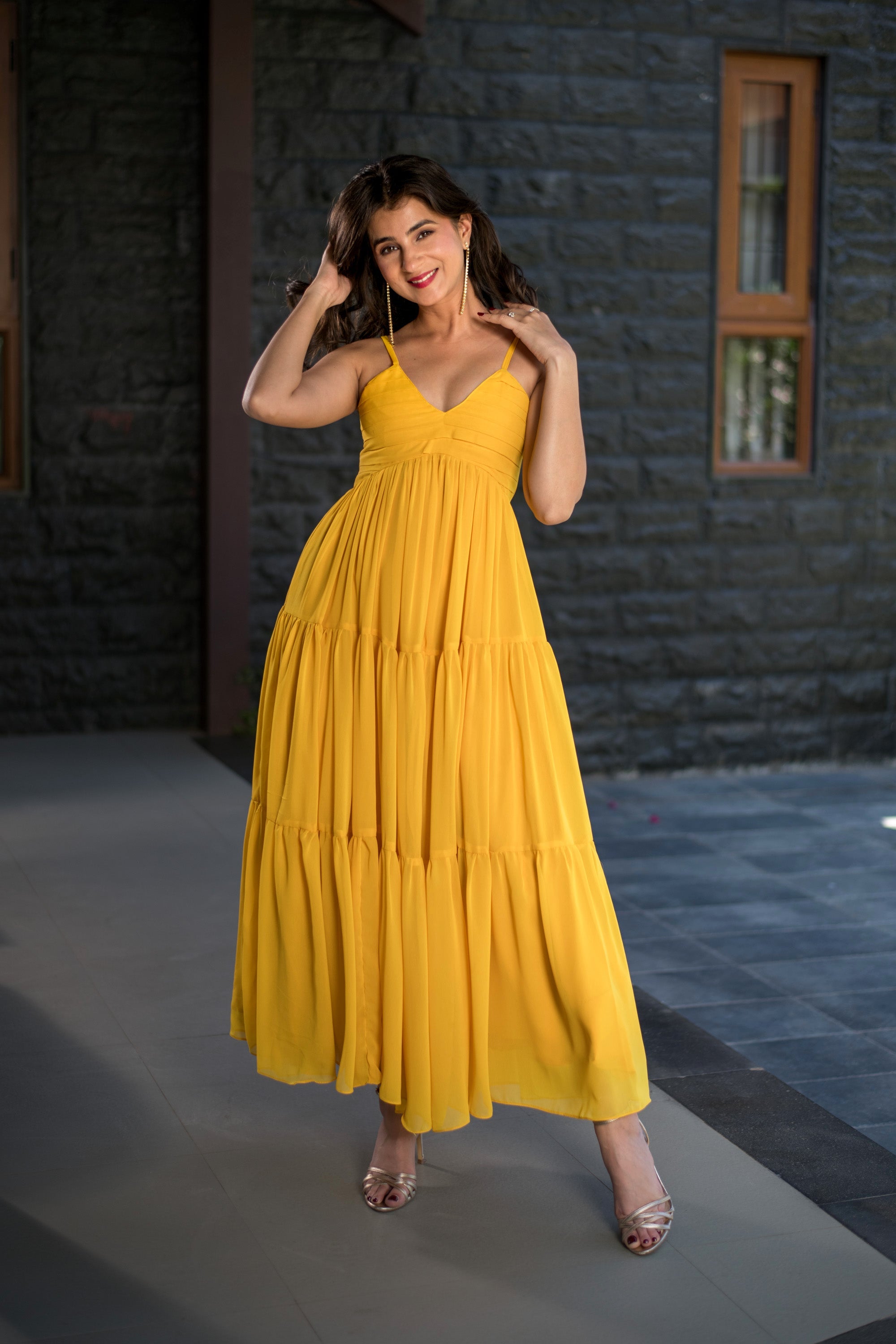 Mustard Tie Up Georgette Maxi Dress XS Mustard Tie Up Georgette Maxi Dress XS