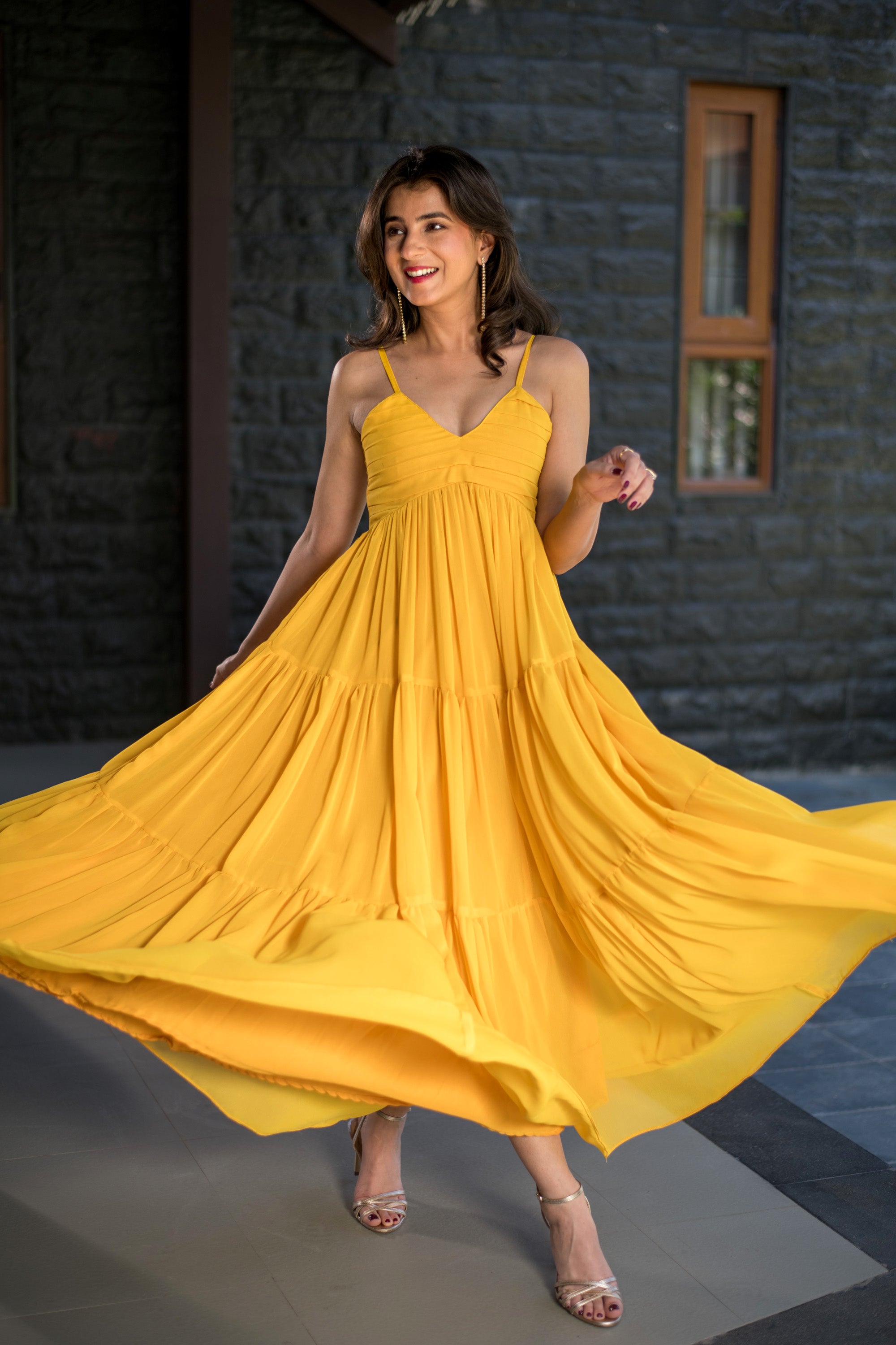 Mustard Tie Up Georgette Maxi Dress XS Mustard Tie Up Georgette Maxi Dress XS