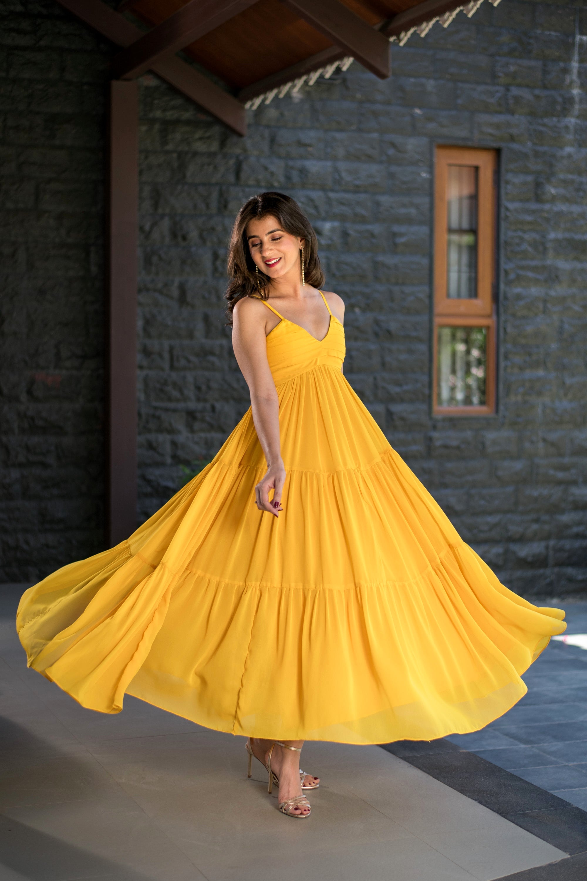 Mustard Tie Up Georgette Maxi Dress XS