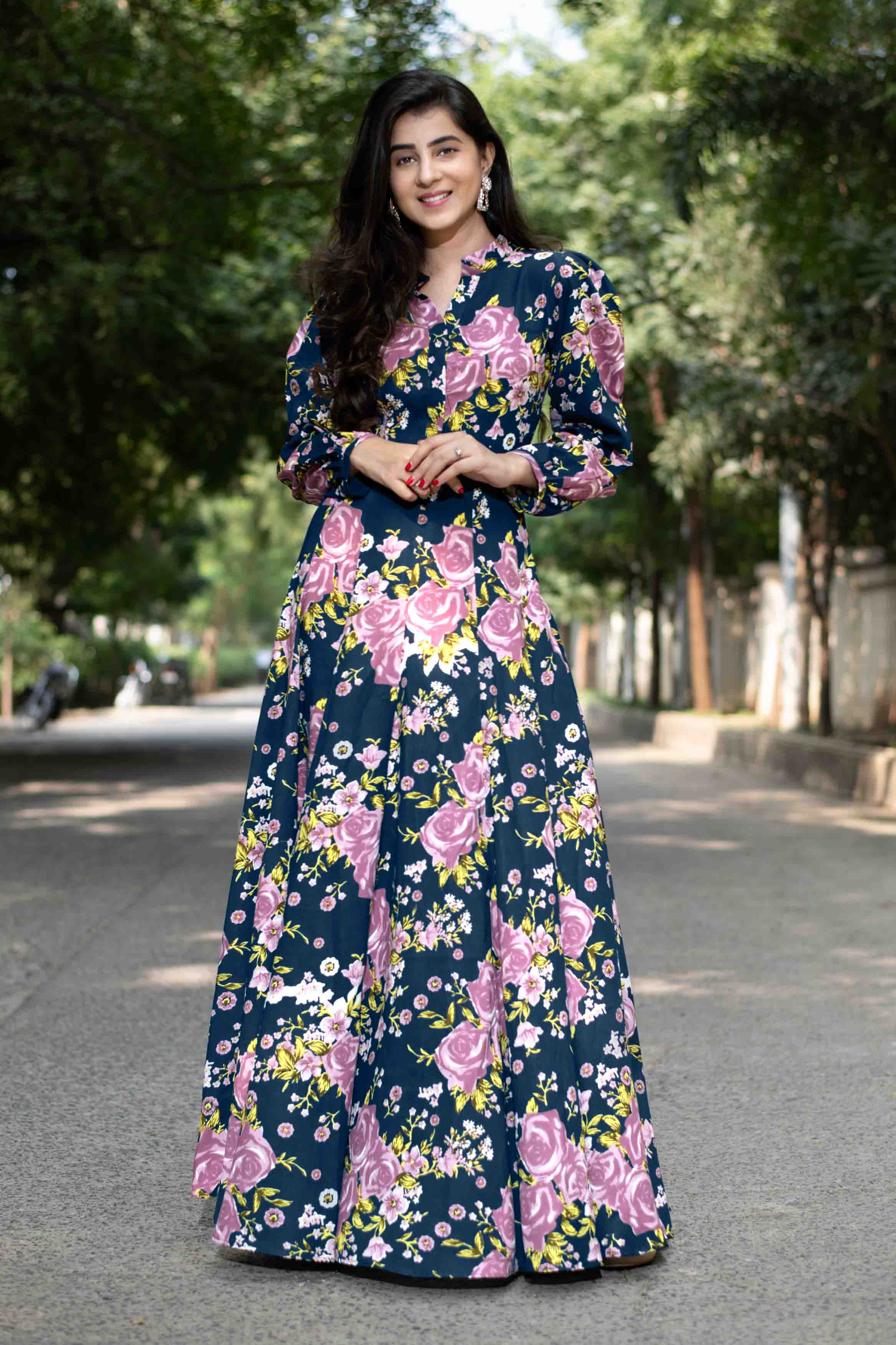 Women's Blue Floral Affair Gown Dress (1pc) - Label Shaurya Sanadhya USA