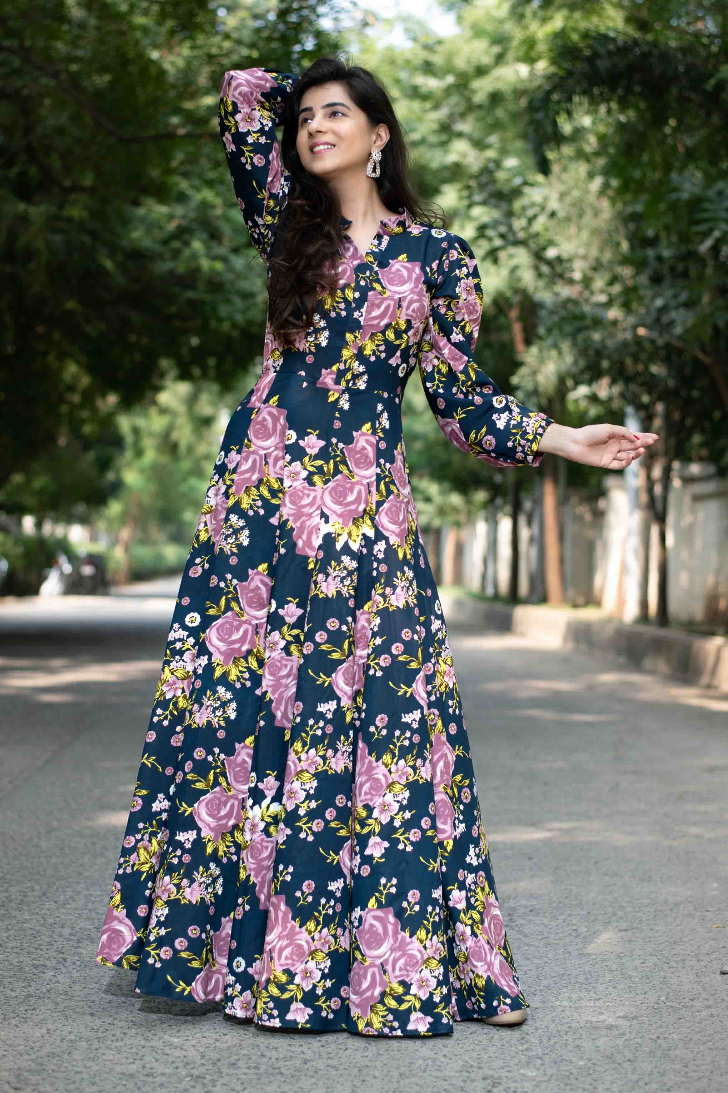 Women's Blue Floral Affair Gown Dress (1pc) - Label Shaurya Sanadhya USA