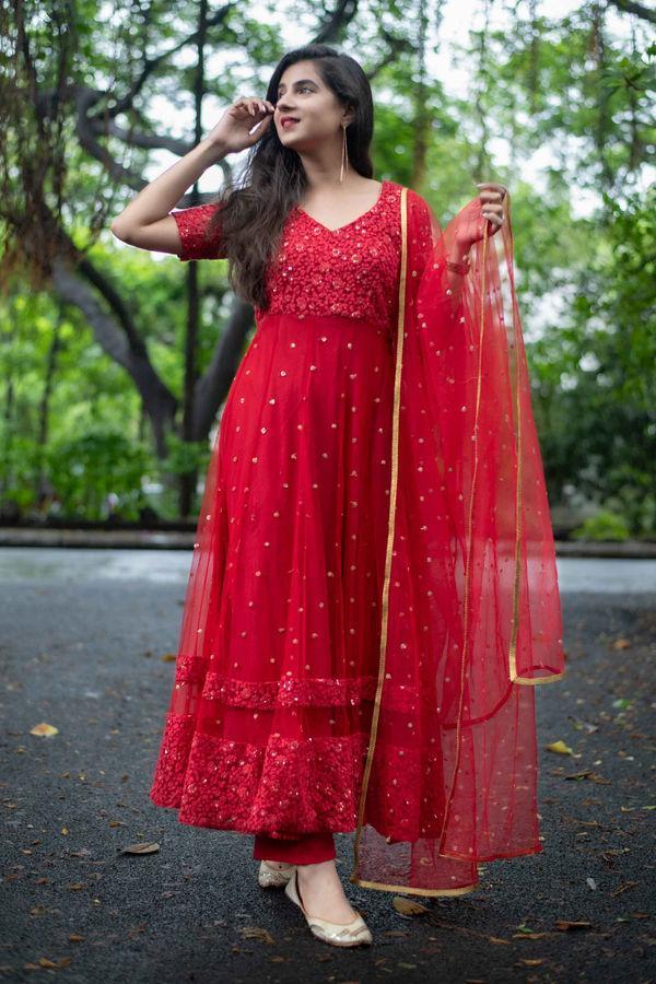 Women's Red Thread Work Anarkali Set (3pcs set)
