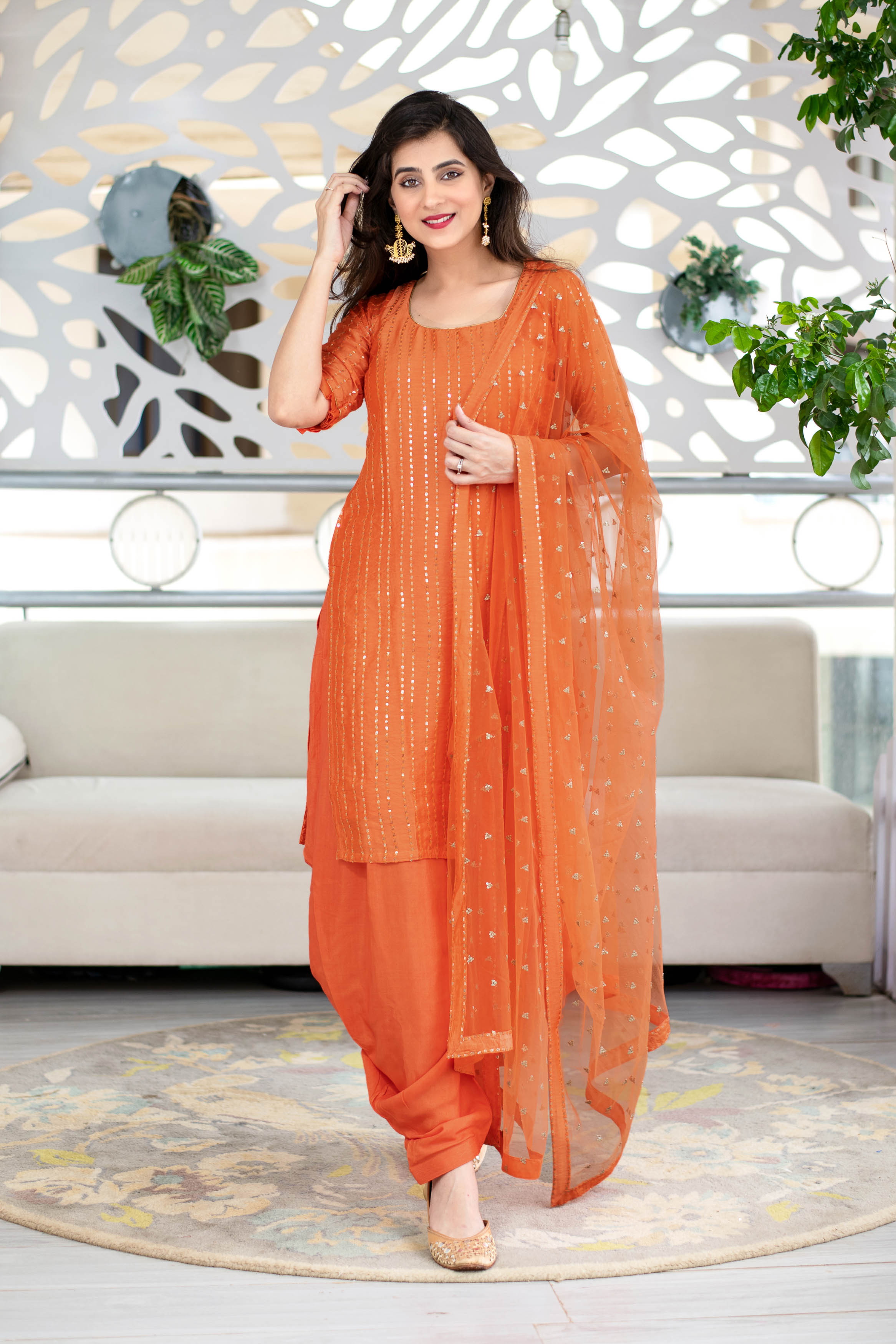Women's Orange Chanderi Patialla - Final Clearance Sale
