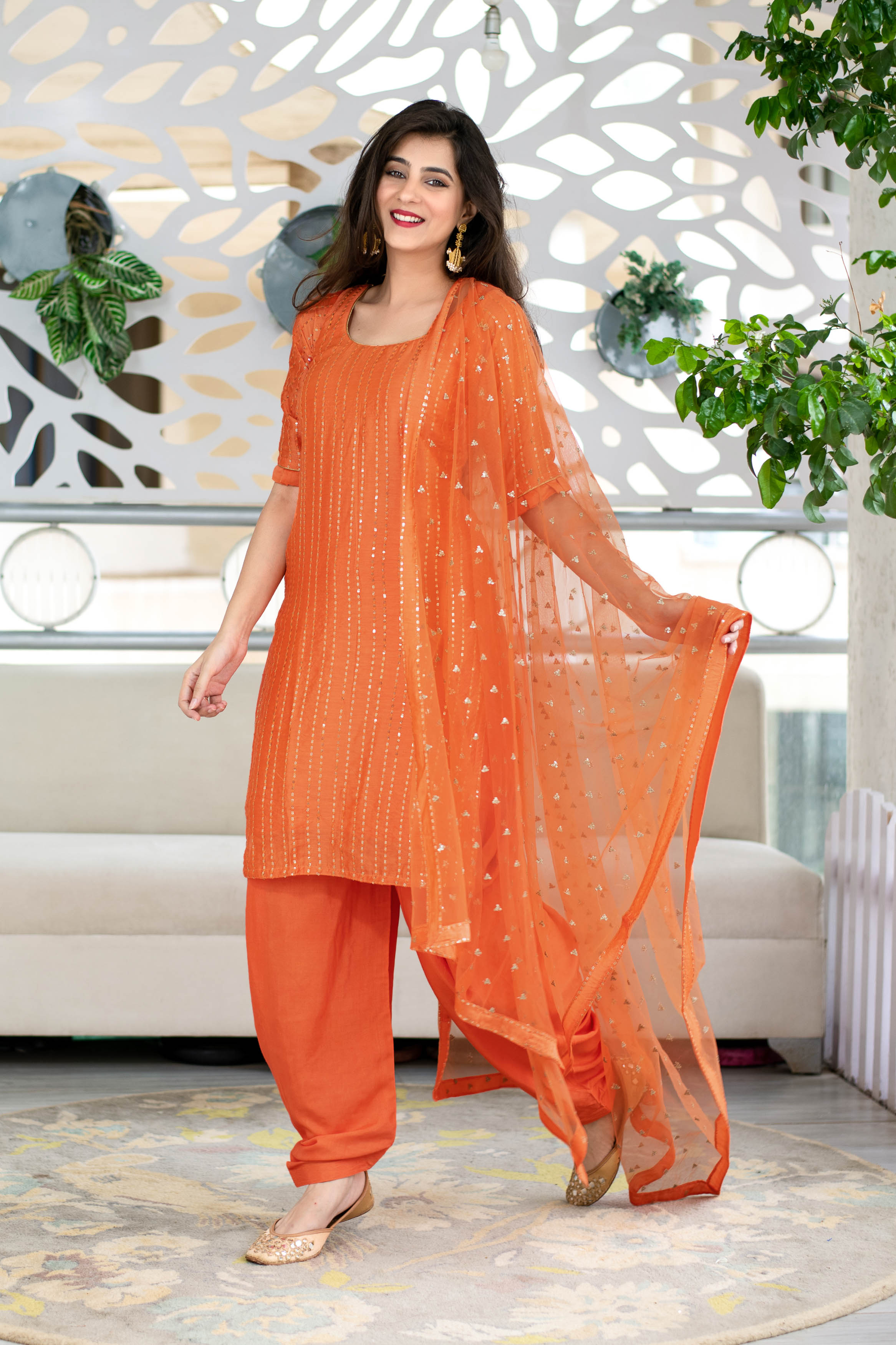 Women's Orange Chanderi Patialla - Final Clearance Sale