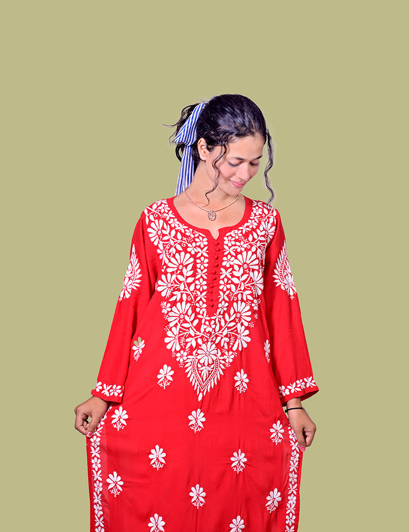 Women's Modal Cotton Red Chikankari Kurta
