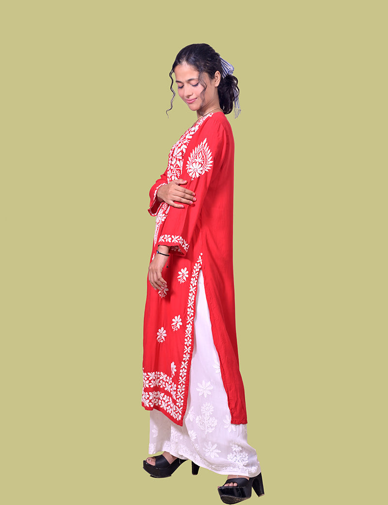 Women's Modal Cotton Red Chikankari Kurta