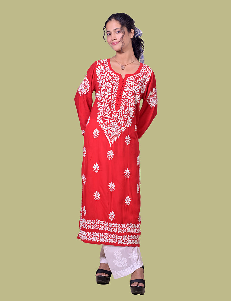 Women's Modal Cotton Red Chikankari Kurta