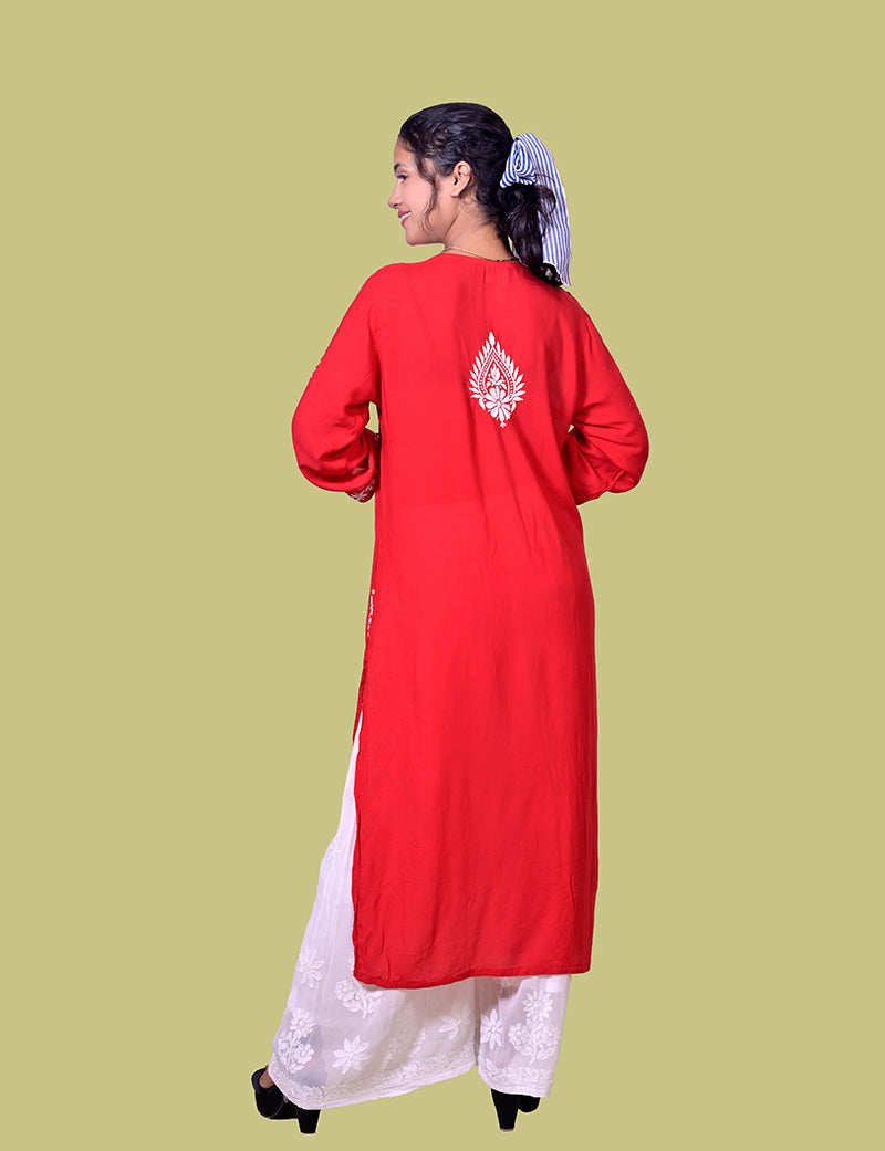 Women's Modal Cotton Red Chikankari Kurta