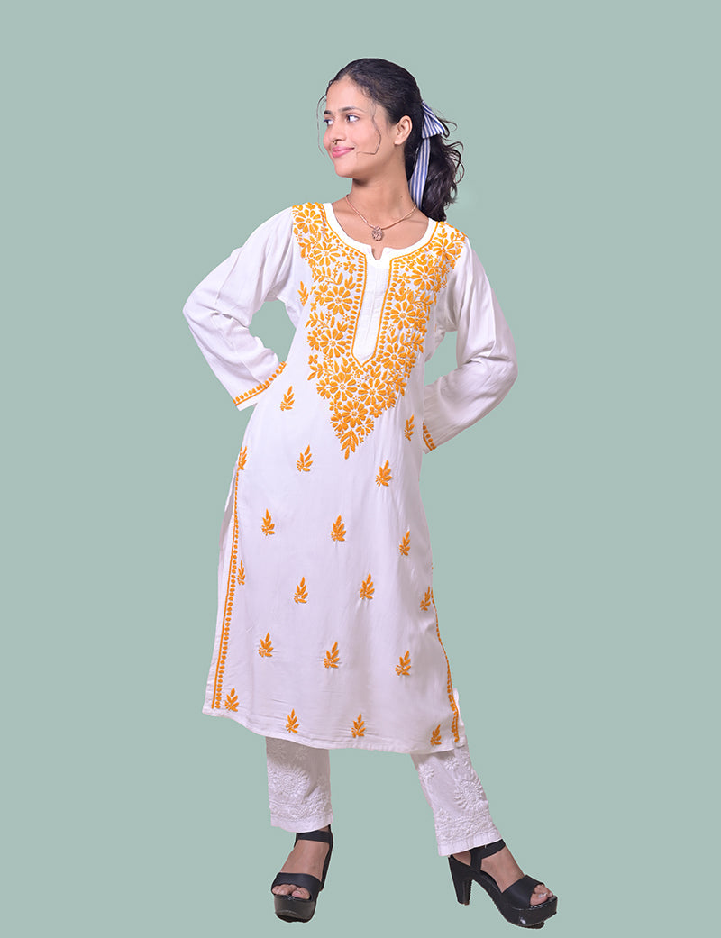 Women's Rayon Cotton White Yellow Thread Chikankari Kurta