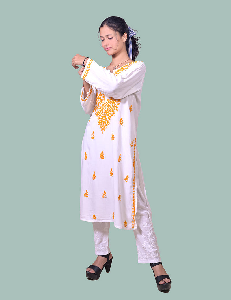 Women's Rayon Cotton White Yellow Thread Chikankari Kurta