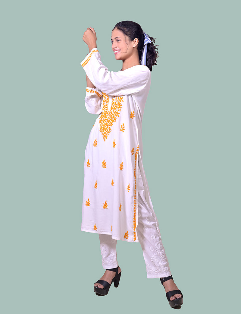 Women's Rayon Cotton White Yellow Thread Chikankari Kurta